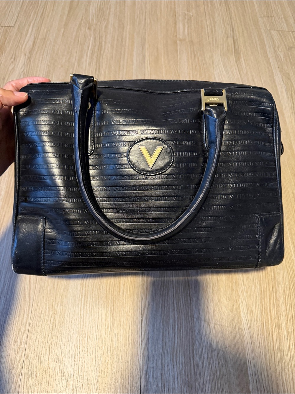 Vintage Valentino Black Leather Satchel with Gold Logo Accent